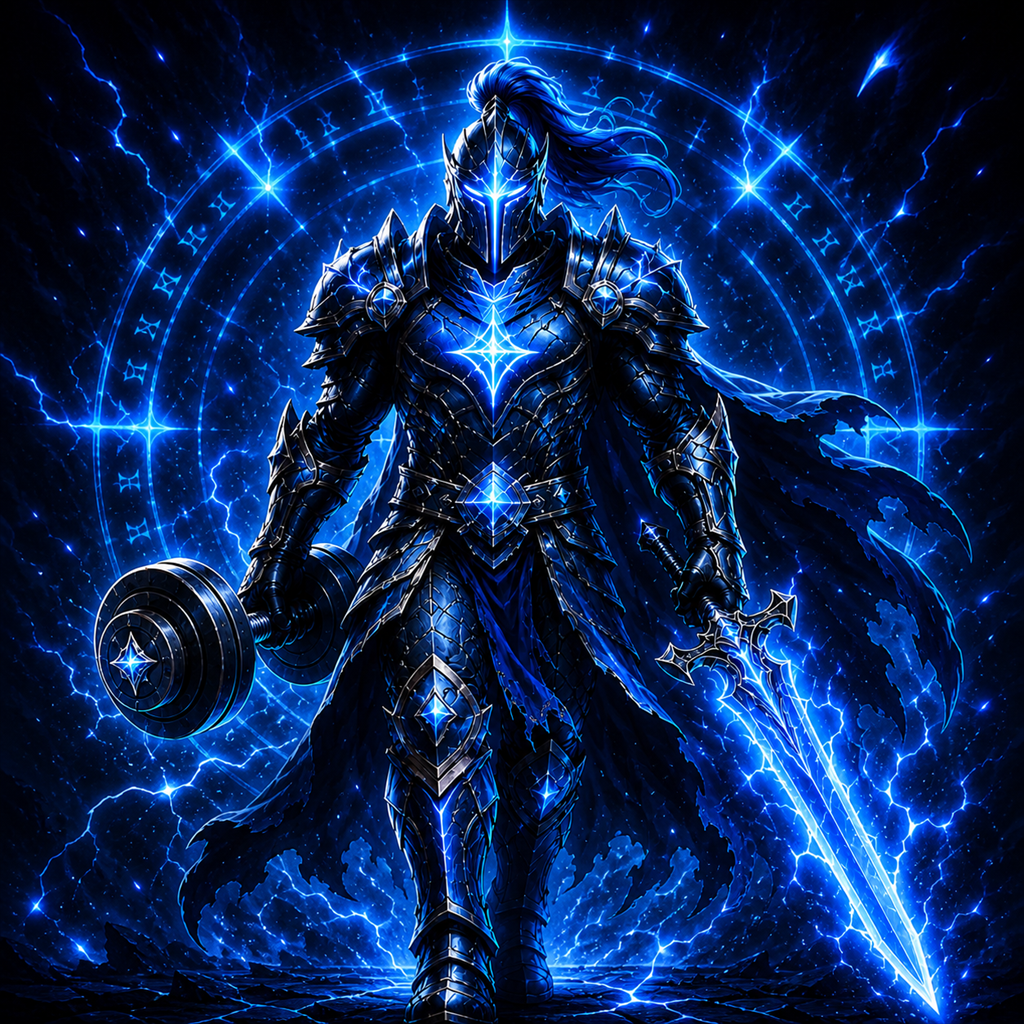Armored Ascend RPG hero holding a dumbbell and a sword